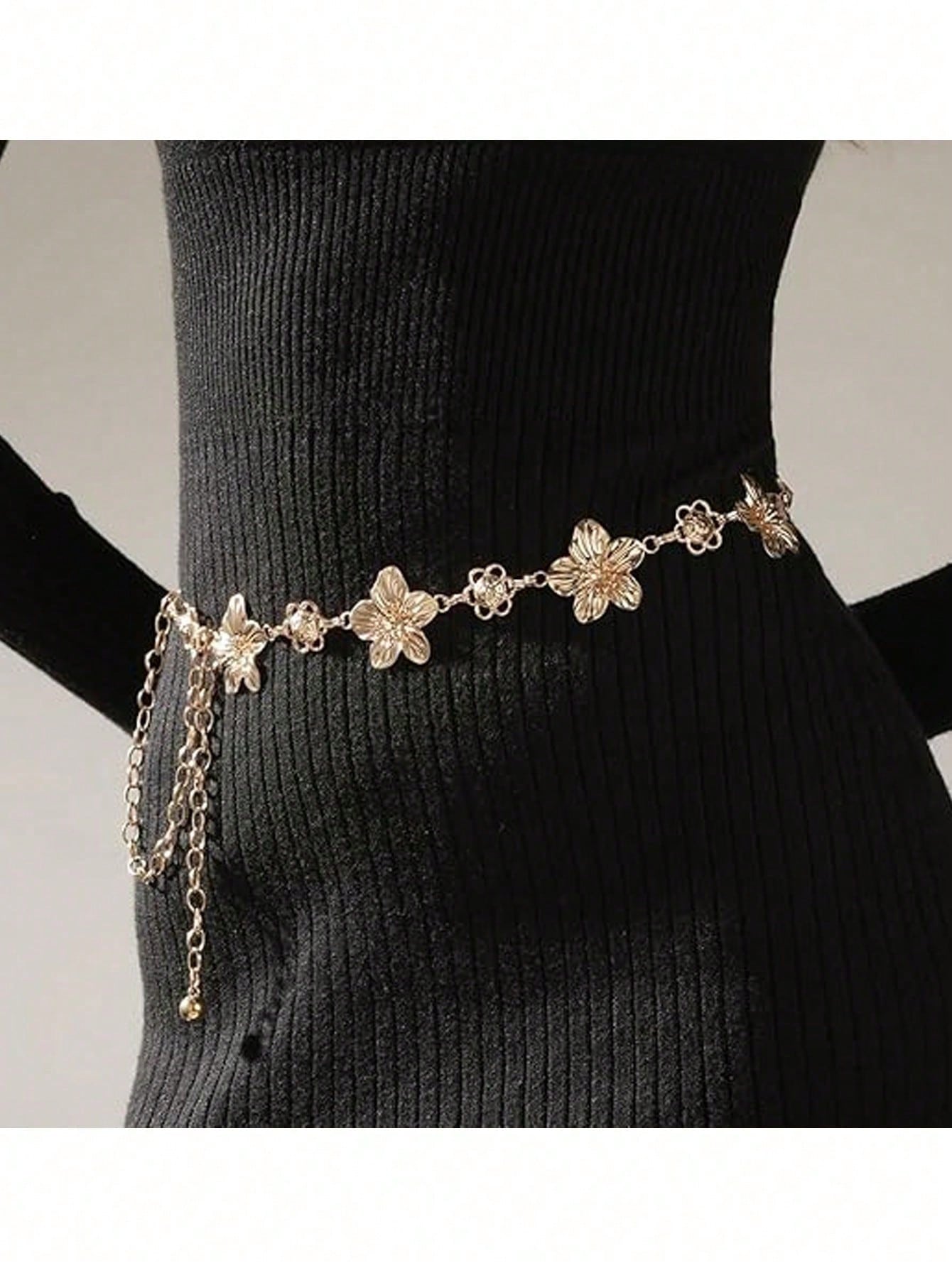 1/2pcs Vintage Fashionable Metallic Floral Belt, Bohemian Style High-End Multipurpose Dress Belt, Suitable For Women In Any Occasion In Summer Gold Jewellery