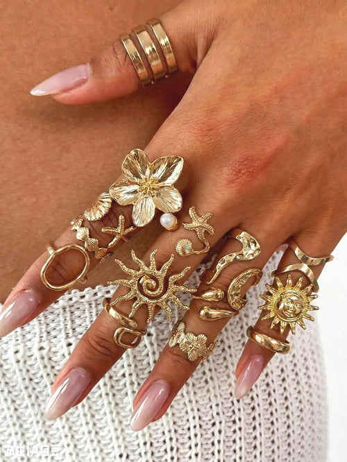 14pcs Gold Bohemian Beach Vacation Style Women's Ring Set, Faux Pearl Sunflower Shell Asymmetrical Shape Multi-Layer Casual Versatile Rings, Suitable For Vacation, Photography, Daily Wear, Dating