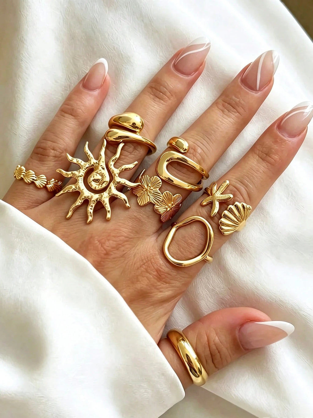 14pcs Gold Bohemian Beach Vacation Style Women's Ring Set, Faux Pearl Sunflower Shell Asymmetrical Shape Multi-Layer Casual Versatile Rings, Suitable For Vacation, Photography, Daily Wear, Dating